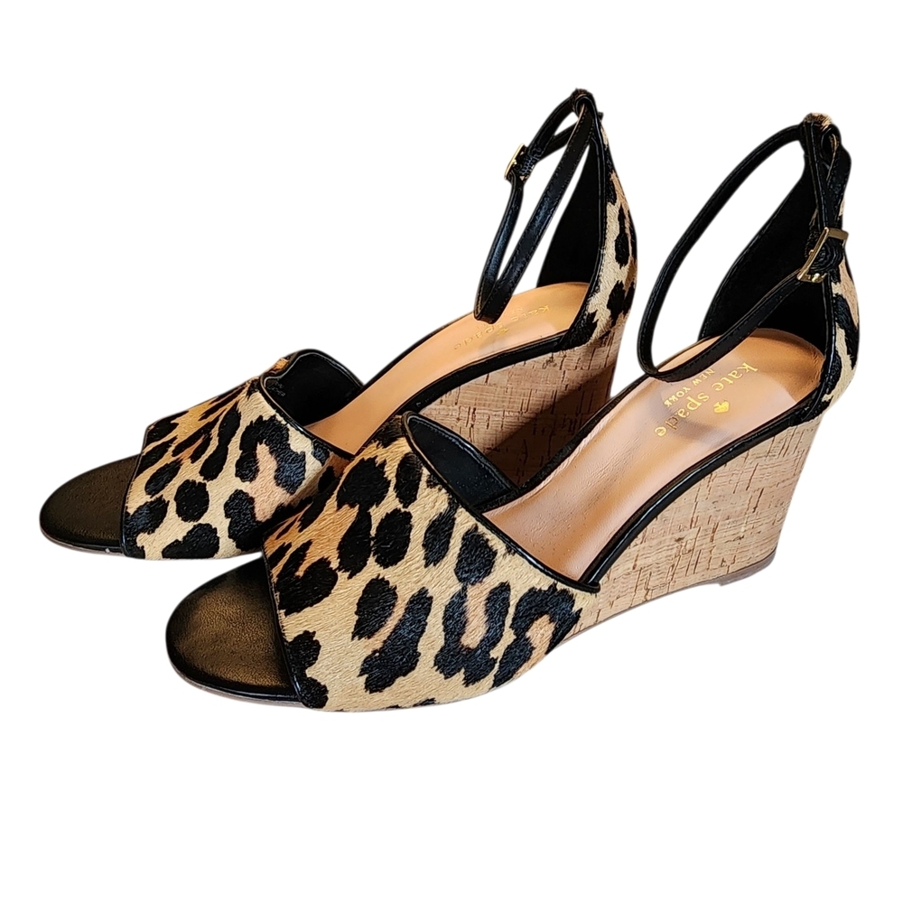 Kate Spade New York Lonnie Leopard Printed Calf Hair Wedge Sandals - 8M - Picture 9 of 13